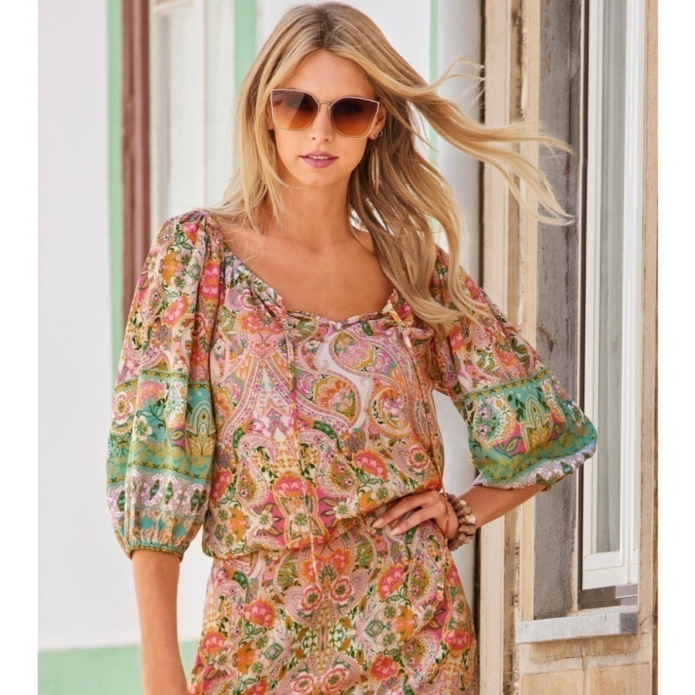 Boston Proper Blouse Sz XS Boho Beach Club Print Blouson